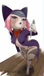  absurd_res anthro breasts butt clothed clothing domestic_cat felid feline felis feliscede female hair hi_res holding_kunai kunai mammal monster_hunter_stories no_underwear pink_hair solo tsukino_(monster_hunter_stories) weapon 