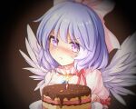  1girl :t angel_wings birthday birthday_cake blush bow brown_background cake candle closed_mouth commentary_request dress feathered_wings feng_ling_(fenglingwulukong) food hair_bow highres light_purple_hair mai_(touhou) pink_bow pink_dress pout puffy_short_sleeves puffy_sleeves purple_eyes red_bow red_ribbon ribbon short_hair short_sleeves touhou touhou_(pc-98) v-shaped_eyebrows white_wings wings 