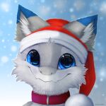  2019 anthro blue_eyes christmas christmas_clothing christmas_headwear clothing collar cute_fangs dipstick_ears dragon fur furred_dragon grey_body grey_fur hat headgear headwear hi_res holidays inner_ear_fluff male multicolored_body multicolored_ears multicolored_fur santa_hat senky skykristal tuft two_tone_body two_tone_fur white_body white_fur 