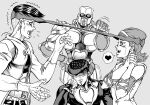  arm_warmers black_eyes black_hair choker crazy_diamond earrings grey_hair greyscale headband heart higashikata_josuke jewelry jojo_no_kimyou_na_bouken kishibe_rohan monochrome peace_symbol pompadour spikes spoken_heart stand_(jojo) sugimoto_reimi teeth what 