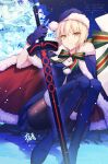  1girl artoria_pendragon_(fate) bangs black_legwear blonde_hair blue_cloak blue_dress blue_footwear blue_gloves blue_headwear blue_legwear boots brown_eyes cloak closed_mouth commentary dress english_commentary excalibur_morgan_(fate) eyebrows_visible_through_hair fate/grand_order fate_(series) fur-trimmed_boots fur-trimmed_cloak fur-trimmed_headwear fur-trimmed_legwear fur_trim gloves gogatsu_fukuin hat highres holding holding_sword holding_weapon lofter_username pantyhose sack santa_alter santa_hat solo sword thigh_boots thighhighs twitter_username weapon weibo_username 