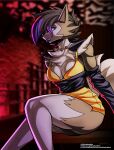  absurd_res anthro artofthediscipline clothing fan_character female fluffy fur hi_res jewelry lycanroc nintendo pok&eacute;mon pok&eacute;mon_(species) simple_background sitting solo video_games 