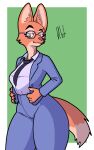  2021 anthro business_suit canid canine clothed clothing curvy_figure diane_foxington digital_media_(artwork) dreamworks ears_up eyebrows eyelashes eyewear female fox fur glasses haibet looking_at_viewer mammal necktie orange_body orange_fur piercing smile solo standing suit the_bad_guys thick_thighs topwear voluptuous wide_hips young 