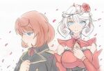  2girls anna_schneider black_shirt blue_eyes destiny_(takt_op.) dress dual_persona flower hair_flower hair_ornament highres multiple_girls orange_hair paintschainer petals potekite red_dress red_skirt rose_petals shirt short_hair skirt spoilers takt_op._destiny white_hair 