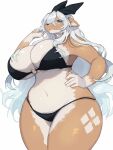  3:4 anthro baburusushi big_breasts bikini breasts cervid cleavage clothed clothing female hair hand_on_hip hi_res huge_breasts kemono long_hair mammal simple_background solo swimwear thick_thighs white_background 