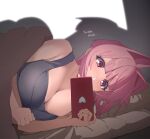  1girl bangs bare_shoulders bed_sheet blunt_bangs blush bra breasts cellphone cleavage english_text highres holding holding_phone large_breasts lying miton-chan_(miton_(turuyasann)) miton_(turuyasann) on_bed on_side original phone pillow pink_eyes pink_hair smartphone solo underwear upper_body watching 