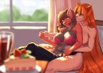  annham anthro bedroom blue_eyes bottomwear breasts brown_hair canid canine clothed clothing duo eating embrace female female/female fox fur group hair hug human mammal morning navel pants red_body red_fur red_hair sitting underwear underwear_only 