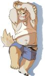  2021 anthro armpit_hair blush body_hair bottomwear canid canine canis clothing domestic_dog eyes_closed hi_res humanoid_hands jockstrap kaka_o999 kemono lying male mammal overweight overweight_male shirt shorts solo tongue tongue_out topwear underwear 
