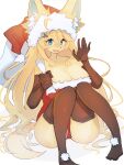  &lt;3 &lt;3_eyes 3:4 5_fingers anthro baburusushi big_breasts blue_eyes blush breasts canid canine christmas christmas_clothing christmas_headwear cleavage clothed clothing female fingers fox fur hair hat headgear headwear hi_res holidays huge_breasts kemono legwear long_hair mammal santa_hat simple_background thigh_highs waiving white_background yellow_body yellow_fur 