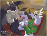  anthro anthro_on_anthro balls balls_touching big_penis black_body black_eyes black_horn black_pupils black_scales blush bodily_fluids bottle bottomless christmas christmas_clothing christmas_sweater christmas_topwear clothed clothing dragon drake_(zerofox) duo erection fireplace genital_fluids genitals glans green_clothing green_sweater green_topwear grey_balls grey_body grey_clothing grey_penis grey_scales grey_sweater grey_topwear hi_res holding_bottle holding_object holidays horn looking_down male male/male membrane_(anatomy) membranous_wings merry_christmas penis pink_glans pink_penis precum prehensile_wings pupils purple_body purple_scales red_glans ruze scales scalie sitting sweater text text_on_clothing text_on_sweater text_on_topwear topwear vein veiny_penis western_dragon white_balls white_body white_horn white_penis white_scales wing_claws wings yellow_eyes yellow_horn yellow_sclera zerofox1000 