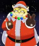  2021 anthro benkei_(the_spicy_ninja_scrolls) christmas christmas_clothing christmas_headwear clothing felid hat headgear headwear hi_res holidays humanoid_hands inugami1837 kemono male mammal outside overweight overweight_male pantherine pink_nose santa_claus santa_hat snow snowing solo the_spicy_ninja_scrolls tiger yellow_body 
