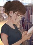  1girl absurdres bangs book bookshelf brown_hair closed_mouth collarbone earrings glasses highres jewelry library long_hair mole mole_under_eye nail_polish original reading saitou_(lynx-shrike) shirt upper_body 