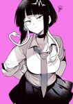  1boy 1girl arms_behind_back audio_jack boku_no_hero_academia breasts choker closed_mouth collarbone earplugs frown greyscale highres jirou_kyouka kaminari_denki looking_at_viewer medium_breasts monochrome necktie pink_background shirt short_hair simple_background skirt symbol-only_commentary takatsuki_ichi 