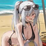  1girl bikini bikini_top blue_archive blush breasts collar covered_eyes eyebrows_visible_through_hair eyes_visible_through_hair hair_between_eyes hair_over_one_eye iori_(blue_archive) k_pring long_hair looking_at_viewer open_mouth pointy_ears red_eyes silver_hair swimsuit twintails 