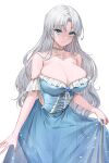  1girl absurdres bangs bare_shoulders blue_dress blue_eyes breasts choker cleavage dress earrings highres jewelry large_breasts lillly looking_at_viewer low-cut necklace original parted_bangs side_cutout smile solo white_hair 