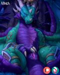  6_horns blizzard_entertainment blue_eyes digital_media_(artwork) dragon facial_horn female feral fingering fingering_self genitals green_body green_scales hi_res horn lying masturbation membrane_(anatomy) membranous_wings multi_horn multicolored_body multicolored_scales nawka nose_horn on_back purple_body purple_scales pussy quadruped scales scalie solo spread_legs spreading two_tone_body two_tone_scales vaginal vaginal_fingering vaginal_masturbation video_games warcraft western_dragon wings ysera 