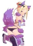  1girl abigail_williams_(fate) alternate_costume animal_ears ass black_bow black_panties blush boots bow breasts caburi cosplay double_bun elbow_gloves fake_animal_ears fake_tail fate/grand_order fate_(series) fur-trimmed_gloves fur-trimmed_legwear fur_trim gloves hair_bow head_tilt highres looking_at_viewer mash_kyrielight mash_kyrielight_(dangerous_beast) mash_kyrielight_(dangerous_beast)_(cosplay) orange_bow panties parted_lips purple_gloves purple_legwear revealing_clothes simple_background small_breasts solo tail thigh_boots thighhighs underwear white_background wolf_ears wolf_tail 