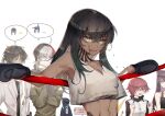  1other 2boys 3girls absurdres animal_ears arknights bangs bare_shoulders black_jacket black_skirt blaze_(arknights) blood blood_on_face boxing_gloves boxing_ring breasts brown_hair cat_ears cleavage dark-skinned_female dark-skinned_male dark_skin doctor_(arknights) elysium_(arknights) exusiai_(arknights) flint_(arknights) green_eyes green_sweater grin highres ikag jacket long_hair melantha_(arknights) multicolored_hair multiple_boys multiple_girls open_mouth orange_eyes purple_eyes purple_hair red_hair shirt short_hair short_ponytail simple_background skirt sleeveless sleeveless_shirt smile speech_bubble streaked_hair sweater teeth thorns_(arknights) white_background white_hair white_jacket white_shirt yellow_eyes 