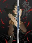  black_clover black_hair boots brave_(pixiv) capelet facial_hair highres looking_at_viewer muscular muscular_male pointing_sword short_hair solo sword weapon yami_sukehiro 