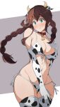  1girl animal_ears animal_print bell bikini blush braid breasts brown_hair cleavage closed_mouth cow_ears cow_horns cow_print cowbell cowboy_shot elbow_gloves eyebrows_visible_through_hair fake_animal_ears fake_horns gloves green_eyes hair_between_eyes highres horns kantai_collection large_breasts long_hair nel-c noshiro_(kancolle) solo swimsuit thighhighs twin_braids two-tone_background white_bikini white_gloves white_legwear 