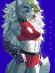  2021 abs anthro arm_warmers armwear bangs bottomwear bracelet breasts canid canine canis choker clothing collar crop_top exposed_shoulders facial_markings female five_nights_at_freddy&#039;s five_nights_at_freddy&#039;s:_security_breach fur green_hair grey_body grey_fur hair hand_on_hip head_markings hi_res hotpants jewelry kasokki lipstick long_hair makeup mammal markings midriff muscular muscular_anthro muscular_female necklace one_eye_closed portrait red_clothing roxanne_wolf_(fnaf) scottgames shirt shorts smile smiling_at_viewer solo spiked_bracelet spiked_collar spikes topwear video_games white_hair wink wolf 