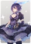  1girl alice_(sinoalice) bangs blue_dress blue_gloves blue_hair blue_legwear blush border breasts cleavage closed_mouth dress gloves grey_background headband itsia looking_at_viewer red_eyes short_hair short_sleeves single_glove sinoalice solo star_(symbol) thighhighs white_border 