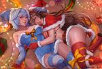  2girls amber_(genshin_impact) ass bangs blue_gloves blue_hair blue_hairband blue_legwear blue_panties box breasts brown_hair capelet christmas dress elbow_gloves eula_(genshin_impact) exlic fur-trimmed_capelet fur-trimmed_dress fur-trimmed_gloves fur-trimmed_skirt fur_trim genshin_impact gift gift_box gloves hairband hat large_breasts long_hair looking_at_viewer lying multiple_girls on_back on_side open_mouth panties red_capelet red_gloves red_legwear red_panties red_skirt ribbon santa_hat skirt strapless strapless_dress string_lights striped striped_legwear thighhighs underwear white_legwear yellow_ribbon 