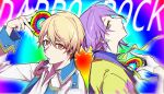  2boys absurdres back-to-back bangs blonde_hair blue_shirt blurry blurry_background buttons cd chromatic_aberration collared_jacket collared_shirt colorful dappou_rock_(vocaloid) double-breasted earrings fingernails gloves gold_trim hair_between_eyes half_gloves hand_on_own_chest hand_up head_tilt highres holding holding_cd jacket jewelry kamishiro_rui looking_at_viewer male_focus multicolored_background multicolored_clothes multicolored_jacket multiple_boys neck_ribbon open_clothes open_jacket orange_eyes outline ovexxxxx parted_lips profile project_sekai psychedelic purple_hair purple_jacket rainbow_background ribbon ringed_eyes serious shiny shiny_hair shirt song_name stud_earrings swept_bangs tenma_tsukasa tsurime two-tone_jacket upper_body vocaloid white_gloves white_jacket white_outline white_shirt yellow_eyes yellow_jacket yellow_ribbon 