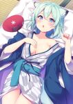  1girl :o absurdres animal_ears aqua_hair bangs blue_archive blush breasts commentary futon hair_between_eyes hand_fan highres japanese_clothes kimono kofuyu_(cofyuuun) large_breasts lying multicolored_eyes obi on_back open_clothes parted_lips pillow sash shigure_(blue_archive) short_hair solo sweat tatami wide_sleeves yukata 