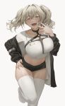  1girl :d banned_artist black_jacket black_shorts breasts chest_harness collarbone crop_top fangs grey_eyes grey_hair hair_intakes hand_on_hip hand_up harness hinaki_(hinaki_0102) jacket large_breasts leaning_forward leg_up long_hair long_sleeves looking_at_viewer micro_shorts midriff navel no_shoes off_shoulder open_clothes open_jacket original revealing_clothes shirt shorts simple_background skindentation smile solo standing standing_on_one_leg stomach thighhighs thighs twintails white_background white_legwear white_shirt 