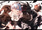  1girl apron bangs blood blood_on_face blue_eyes bola_(weapon) breasts chain eyebrows_behind_hair eyebrows_visible_through_hair hair_between_eyes hizuki_miya holding holding_weapon incoming_attack looking_at_viewer maid maid_apron maid_headdress precure re:zero_kara_hajimeru_isekai_seikatsu rem_(re:zero) short_hair smile_precure! solo weapon 