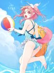  1girl ass ball barefoot beachball breasts cloud feet hair_ribbon innertube itsuki_(s2_129) long_hair looking_at_viewer millie_chliette open_mouth pink_eyes pink_hair pointy_ears ponytail ribbon solo star_ocean star_ocean_anamnesis star_ocean_first_departure swimsuit water 