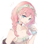  1girl arknights bangs blue_eyes blue_poison_(arknights) blue_poison_(shoal_beat)_(arknights) bottle braid breasts choker commentary_request highres holding holding_bottle long_hair looking_at_viewer notice_lines o-ring o-ring_choker parted_lips pink_hair pink_sports_bra shemika98425261 simple_background small_breasts solo sports_bra sweat twin_braids upper_body white_background 
