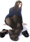  1girl all_fours ass bent_over black_footwear black_legwear blazer blue_eyes blue_jacket blue_skirt blush brown_hair eyelashes feet from_behind grin gusset hands_on_floor highres jacket kyuuso_inukami legs loafers long_hair looking_back naughty_face no_shoes original panties pantyhose school_uniform shadow shoe_soles shoes shoes_removed sideways_glance skirt smile soles solo sweater tan_sweater thighs toes underwear white_background white_panties 
