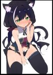  1girl animal_ear_fluff animal_ears bangs black_border black_hair black_legwear black_panties blush border breasts caburi cat_ears cat_girl cat_tail closed_mouth eyebrows_visible_through_hair green_eyes highres karyl_(princess_connect!) long_hair looking_at_viewer low_twintails medium_breasts multicolored_hair nose_blush panties princess_connect! simple_background sitting sleeveless solo streaked_hair tail thighhighs twintails underwear very_long_hair white_background white_hair 