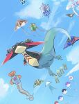  closed_mouth cloud commentary_request day dragapult dreepy flying from_below highres huntail kite looking_up no_humans outdoors patrat pokemon pokemon_(creature) sky solo string zucky_(yuni) 