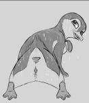  2021 animal_genitalia anthro anus avian beak bird cloaca female female_presenting_pussy genitals grey_background greyscale lani_aliikai looking_back membrane_(anatomy) monochrome on_hind_legs open_mouth penguin presenting pussy rear_view semi-anthro simple_background solo surf&#039;s_up tongue webbed_feet wugi 