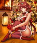  1girl bangs breasts chest_jewel christmas gem hybridmink large_breasts legs pyra_(xenoblade) red_eyes red_hair red_legwear short_hair solo swept_bangs thighhighs tiara xenoblade_chronicles_(series) xenoblade_chronicles_2 