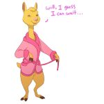  absurd_res anthro camelid clothing dialogue english_text female hi_res llama llama_llama looking_at_viewer mama_llama mammal netflix open_mouth robe simple_background solo text white_background wugi 