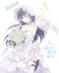  1girl blue_eyes blue_hair bouquet breasts bride closed_mouth dress elbow_gloves gloves itsuki_(s2_129) long_hair looking_at_viewer maria_traydor pointing simple_background smile solo star_ocean star_ocean_anamnesis star_ocean_till_the_end_of_time wedding_dress white_background 