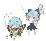  ... 2girls antennae aqua_hair barefoot blue_dress blue_hair bow butterfly_net butterfly_wings cirno closed_mouth collared_shirt dress eternity_larva fairy flower green_bow green_dress hair_between_eyes hair_bow hand_net heart highres holding holding_butterfly_net ice ice_wings kuromame_(8gou) leaf leaf_on_head multicolored_clothes multicolored_dress multiple_girls open_mouth protected_link puffy_short_sleeves puffy_sleeves red_flower shirt short_hair short_sleeves simple_background single_strap smile spoken_ellipsis touhou white_background white_shirt wings 