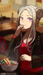  1girl alternate_costume alternate_hairstyle chocojax closed_mouth double_bun eating edelgard_von_hresvelg fire_emblem fire_emblem:_three_houses highres long_hair looking_at_viewer purple_eyes solo udon upper_body white_hair 