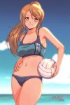  1girl arwald bikini blonde_hair blue_bikini blue_sky blurry blurry_background breasts cleavage cloud cowboy_shot eyebrows_visible_through_hair highres long_hair looking_at_viewer metroid navel outdoors ponytail samus_aran shadow sky smile solo swimsuit volleyball 