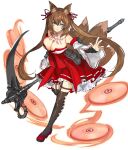  1girl animal_ear_fluff animal_ears blue_eyes breast_tattoo breasts brown_hair caleen_keemosn cleavage closed_mouth detached_sleeves dress fox_ears fox_girl fox_tail full_body garter_straps hair_ribbon highres holding holding_scythe holding_weapon japanese_clothes long_hair looking_at_viewer miko multiple_tails red_footwear ribbon ribbon_trim samuraig scythe simple_background smile solo star_ocean star_ocean_anamnesis tail tattoo twintails weapon white_background 