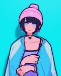  1girl aqua_background bangs beanie black_hair blanket blue_eyes bright_pupils camisole earrings hat highres jewelry looking_at_viewer open_mouth original pink_headwear purple_camisole ring shadow short_hair simple_background solo upper_body watch white_pupils wristwatch yoshi_mi_yoshi 