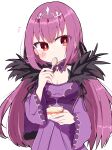  1girl breasts chibi cleavage dress eyebrows_visible_through_hair fate/grand_order fate_(series) feather_trim food highres holding holding_spoon ice_cream long_hair long_sleeves purple_dress purple_hair rabiiandrain red_eyes scathach_(fate) scathach_skadi_(fate) simple_background solo spoon tiara very_long_hair white_background wide_sleeves 