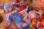  2girls amber_(genshin_impact) ass bangs biting blue_gloves blue_hair blue_hairband blue_legwear blue_panties box breasts brown_hair capelet christmas commentary dress elbow_gloves english_commentary eula_(genshin_impact) exlic fingering fingering_through_clothes fur-trimmed_capelet fur-trimmed_dress fur-trimmed_gloves fur-trimmed_skirt fur_trim genshin_impact gift gift_box gloves hairband hand_on_another&#039;s_head hat large_breasts lip_biting long_hair looking_at_viewer lying multiple_girls on_back on_side open_mouth panties red_capelet red_gloves red_legwear red_panties red_skirt ribbon santa_hat skirt strapless strapless_dress string_lights striped striped_legwear thighhighs through_clothes underwear white_legwear yellow_ribbon yuri 