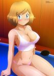  1girl absurdres arm_support bangs blonde_hair blue_eyes blurry breasts cleavage closed_mouth collarbone commentary covered_nipples eyebrows_visible_through_hair eyelashes highres indoors looking_at_viewer medium_breasts navel panties pink_panties pokemon pokemon_(anime) pokemon_xy_(anime) pool_table serena_(pokemon) shiny shiny_skin shirt short_hair sitting smile solo underwear white_shirt zel-sama 