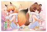  2girls :d animal_ears artist_name backless_dress backless_outfit blonde_hair blue_eyes blush breasts breath brown_eyes brown_hair cover cover_page cowboy_shot doujin_cover dress eyebrows_visible_through_hair fang fox_ears fox_tail gloves halterneck highres komugi_(lee) large_breasts lee_(colt) long_hair looking_at_viewer meme_attire miku_(lee) multiple_girls naked_sweater open_mouth original raccoon_ears raccoon_tail runny_nose scarf short_eyebrows short_hair sideboob simple_background slit_pupils smile sweater sweater_dress tail thighhighs virgin_killer_sweater white_gloves white_legwear zettai_ryouiki 