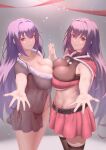  2girls absurdres alternate_costume belt breast_press breasts capelet christmas cleavage fate/grand_order fate_(series) fur_trim hair_intakes highres large_breasts long_hair looking_at_viewer multiple_girls navel nightgown nmi outstretched_hand panties purple_hair red_eyes santa_costume scathach_(fate) scathach_skadi_(fate) side-tie_panties skirt smile symmetrical_docking underwear very_long_hair 